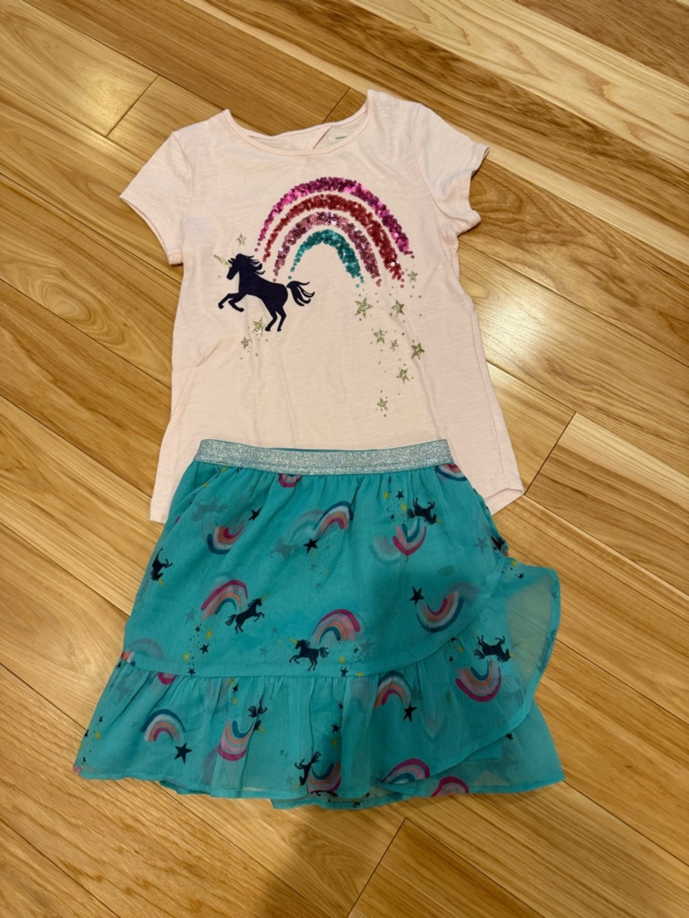 Sonoma Pink Tee with Teal Unicorn Skirt Set